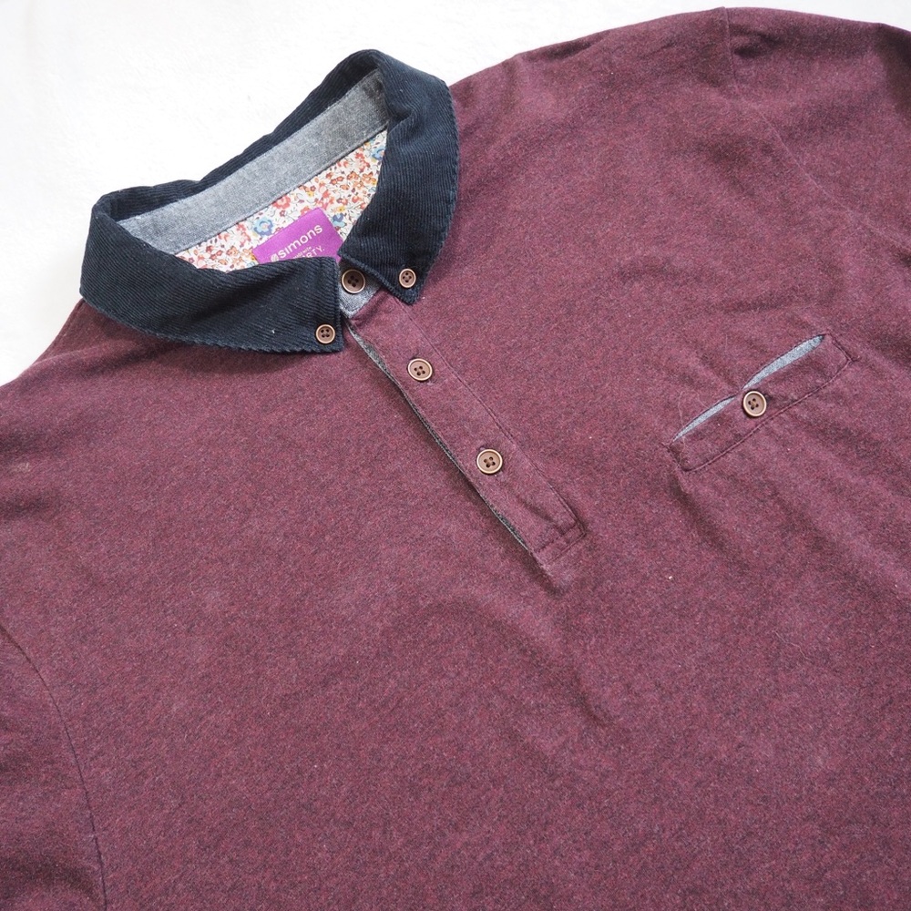 Simons Liberty Fabric Sz XL Burgundy and Black Polo Shirt Flip Cuffs